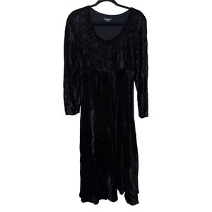 Y2K Nostalgia Black Crushed Velvet Embroidered Floral Midi Dress Long Sleeve M
